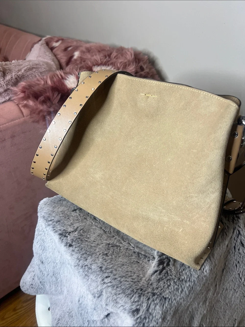 Coach Beige Suede Shoulder Bag with Studded Leather Strap